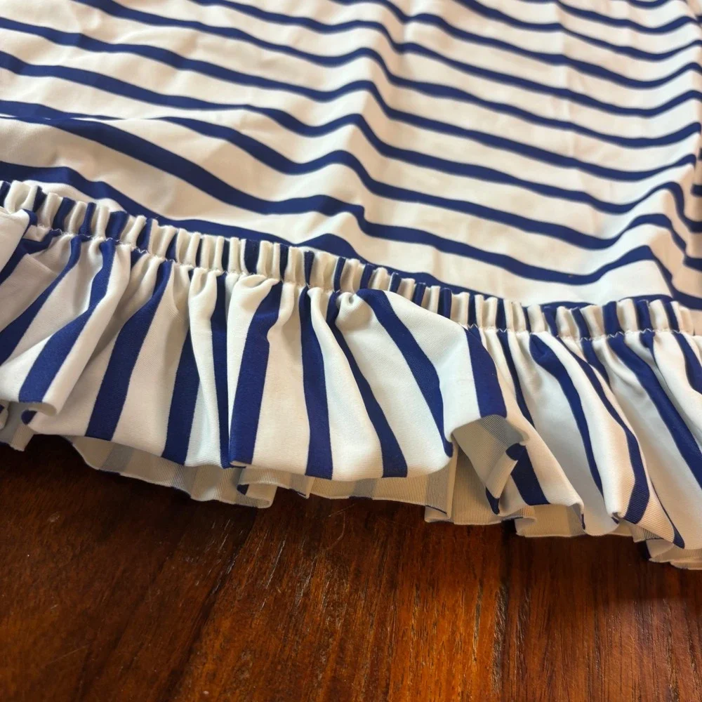 Lands End Girls Large Blue White Striped Ruffle Swim Cover Up Dress‎ Sleeveless